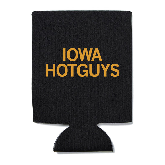 Black scuba foam can cooler with IOWA HOTGUYS printed in gold plastisol ink.