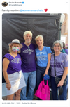 Four people posing for a photo, wearing sweatshop free, union labor shirts with purple and blue social justice slogans.