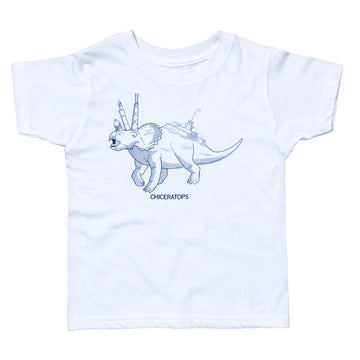 White toddler t-shirt featuring a blue line drawing of a Chiceratops, a triceratops with Chicago landmarks on its back, printed with union labor.