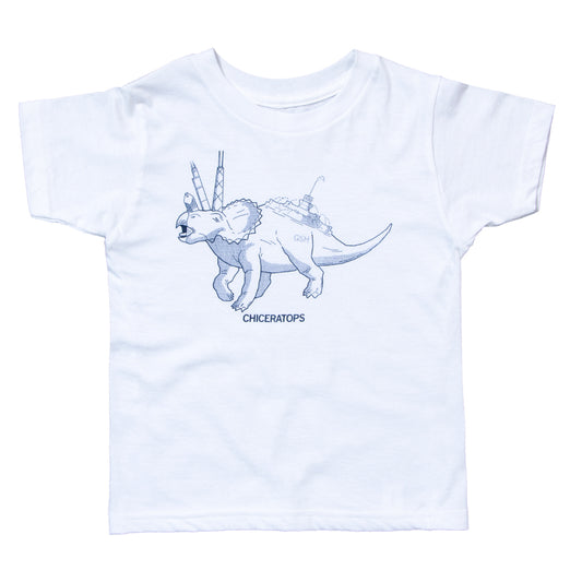White toddler t-shirt featuring a blue line drawing of a Chiceratops, a triceratops with Chicago landmarks on its back, printed with union labor.