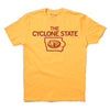 Yellow union made T-shirt featuring THE CYCLONE STATE text above an outline of Iowa with a cardinal mascot logo inside.