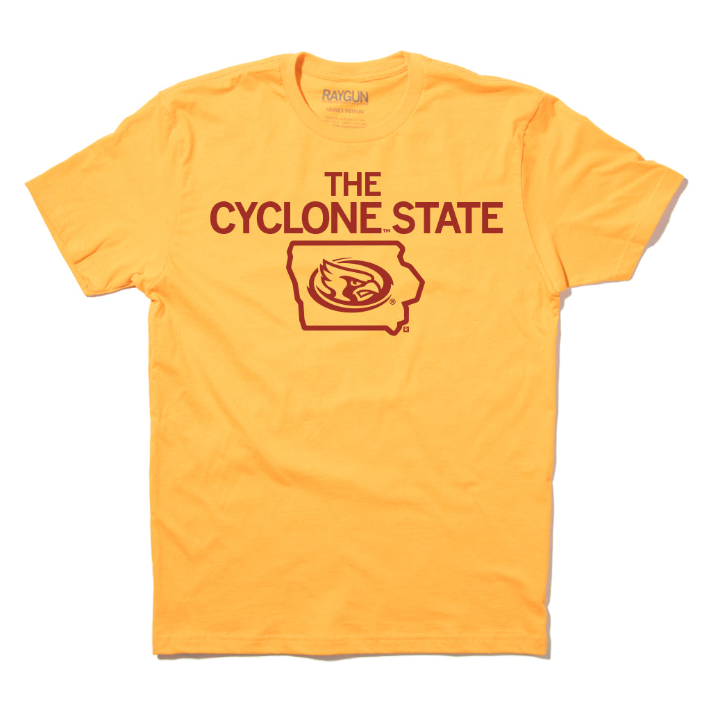 Yellow union made T-shirt featuring THE CYCLONE STATE text above an outline of Iowa with a cardinal mascot logo inside.