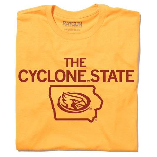 Orange union made T-shirt with the text THE CYCLONE STATE above an outline of Iowa containing a cardinal bird logo.