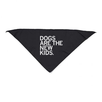 Black RAYGUN dog bandana featuring the white text DOGS ARE THE NEW KIDS.