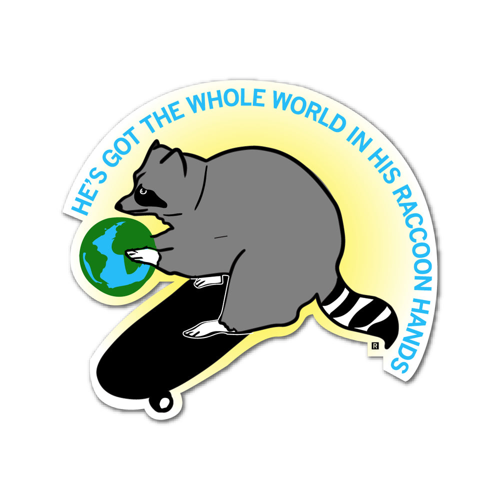 World In His Raccoon Hands Sticker