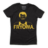 Black union-made t-shirt featuring a gold screen-printed graphic of a man with glasses and a mustache, with the text FRYOWA below him.