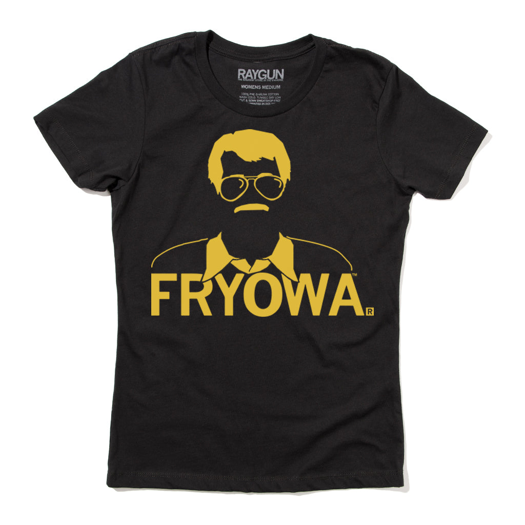 Black union-made t-shirt featuring a gold screen-printed graphic of a man with glasses and a mustache, with the text FRYOWA below him.