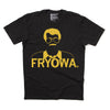 Black union-made t-shirt with a gold screen print of a man with a mustache and glasses above the text FRYOWA.