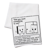A RAYGUN flour sack kitchen towel printed with a cartoon titled Rayguns Guide to Midwestern Communication, showing two boxes near a door with the phrase Did you want something to eat? and a Midwest translation about offering food.