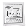 A white RAYGUN flour sack kitchen towel featuring a comic titled Rayguns Guide to Midwestern Communication, translating the phrase Did you want something to eat? as a polite, guilt-laden insistence that the guest must accept food.