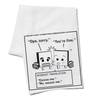 White RAYGUN kitchen towel featuring a cartoon titled Rayguns Guide to Midwestern Communication, showing two characters bumping into each other with the captions Ope, sorry and You’re fine, translated as Excuse me and No, excuse me.