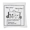 White RAYGUN kitchen towel featuring a cartoon graphic titled Rayguns Guide to Midwestern Communication, depicting two characters bumping into each other with the text Ope, sorry and Youre fine, and a Midwest translation box reading Excuse me.