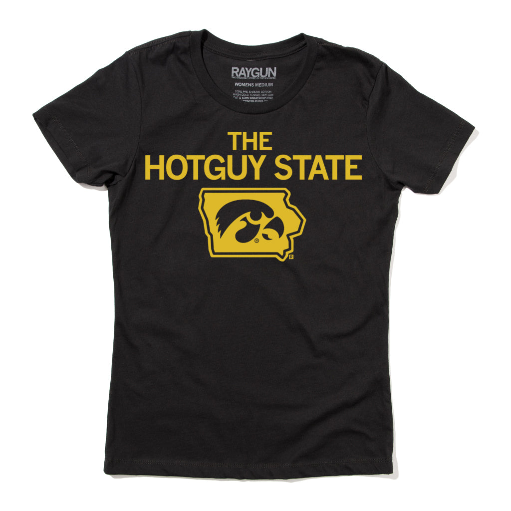 Black union made crewneck t-shirt from RAYGUN with THE HOTGUY STATE printed in yellow above a yellow outline of the state of Iowa featuring the Iowa Hawkeyes logo.