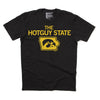 Black RAYGUN t-shirt with yellow text reading THE HOTGUY STATE above a yellow outline of the state of Iowa containing a hawk logo.