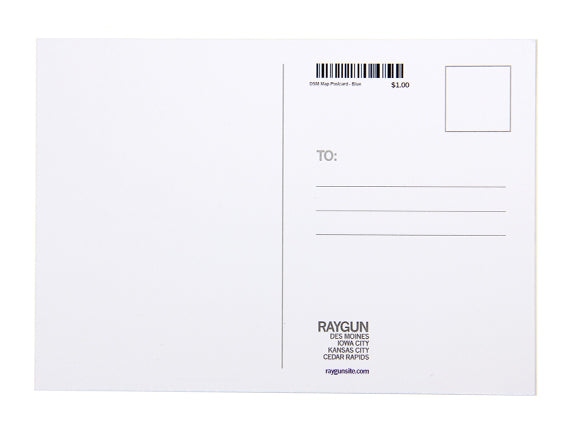 Back of a RAYGUN postcard with a stamp area, address lines, and store locations printed at the bottom.