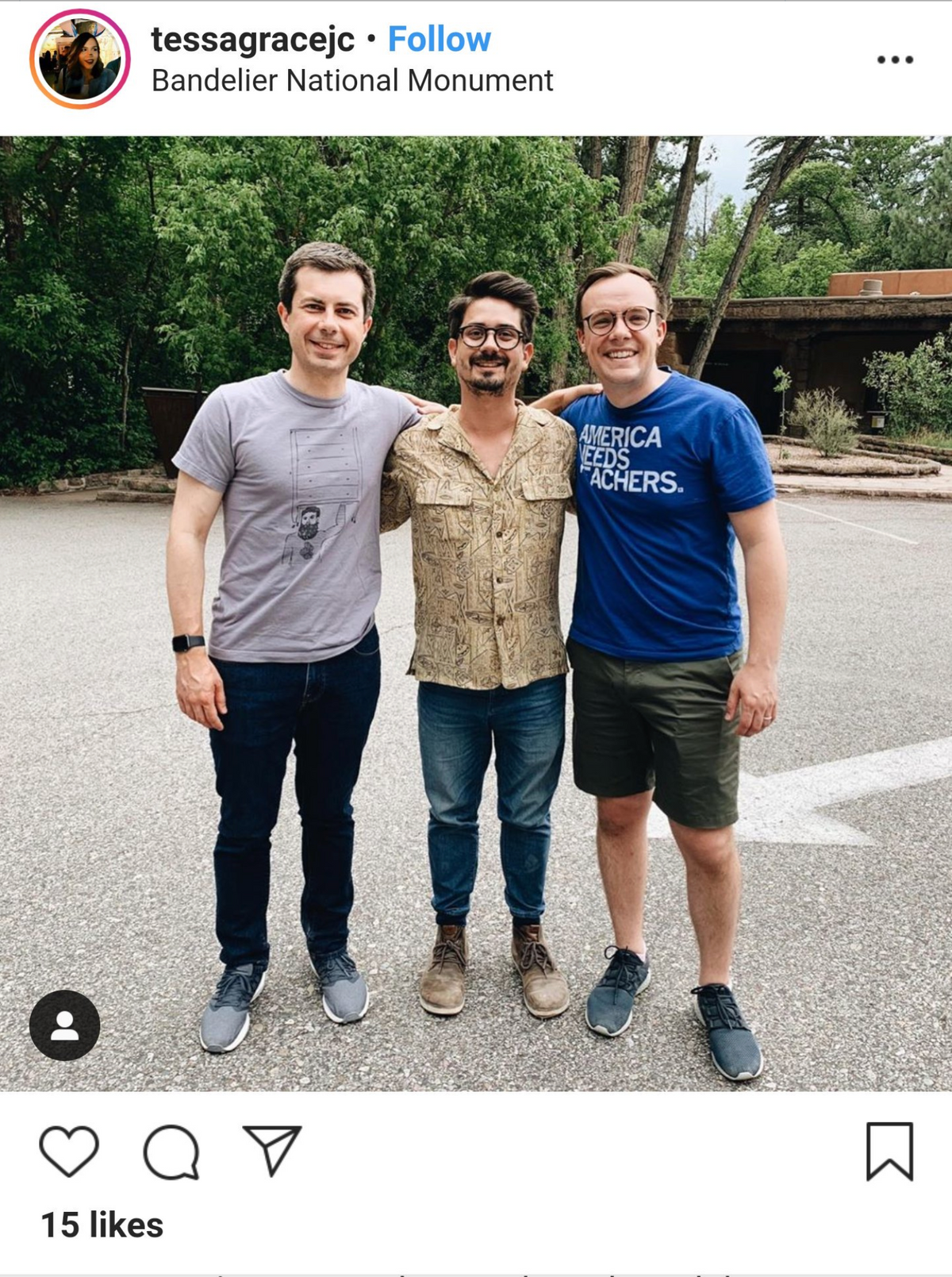 Three men stand together outdoors, with the man on the right wearing a union made t-shirt that says America Needs Teachers.