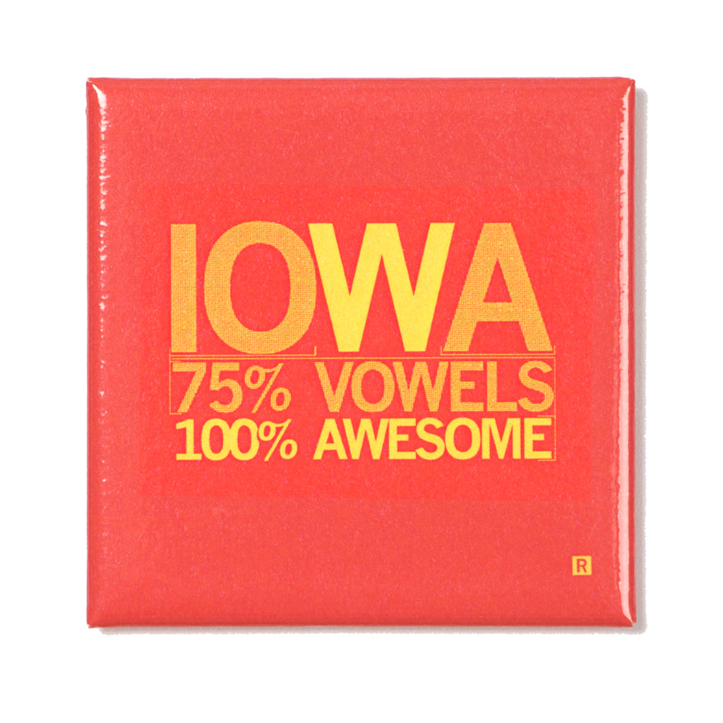 A red square Iowa metal magnet reading IOWA, 75% VOWELS, 100% AWESOME in gold letters.