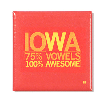 A red square Iowa metal magnet reading IOWA, 75% VOWELS, 100% AWESOME in gold letters.