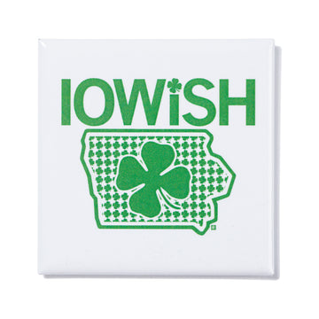 White square union made coaster featuring the text IOWISH with a shamrock replacing the I, above an outline of the state of Iowa filled with a shamrock pattern and a large central shamrock.