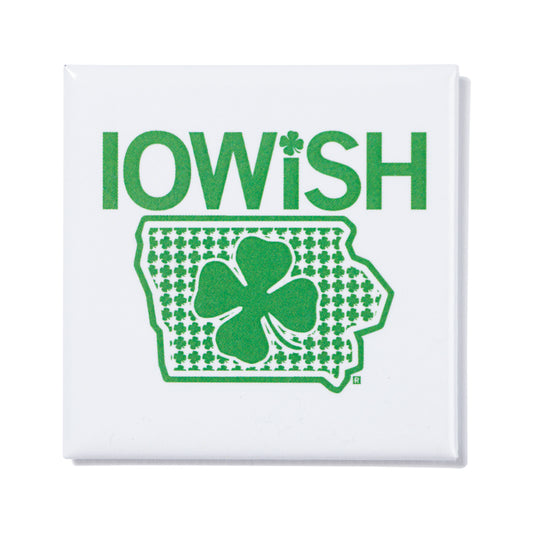 White square union made coaster featuring the text IOWISH with a shamrock replacing the I, above an outline of the state of Iowa filled with a shamrock pattern and a large central shamrock.