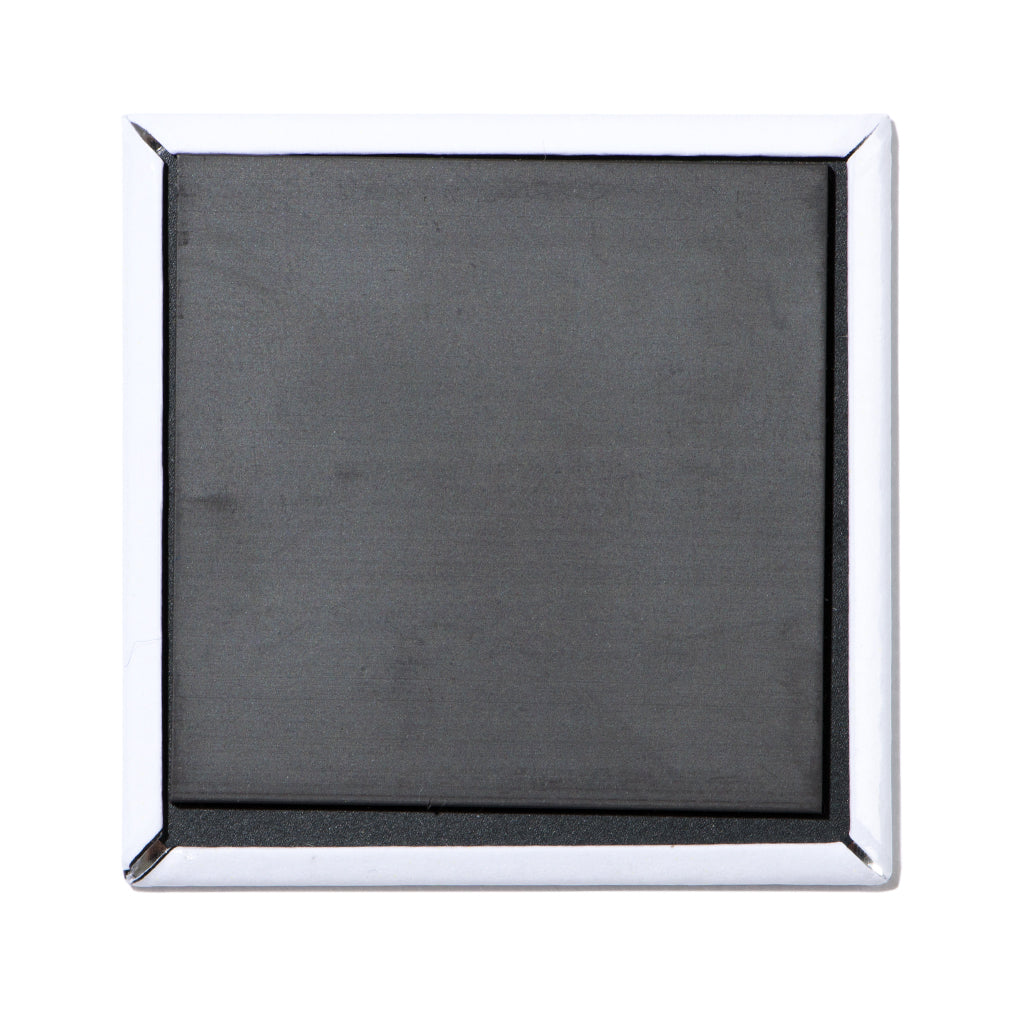 Square union-made magnet with a silver metal frame and a black magnetic back.