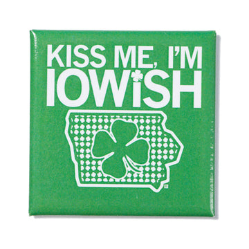 Square green Iowish magnet featuring the white text KISS ME, IM IOWISH above an outline of the state of Iowa containing a shamrock.