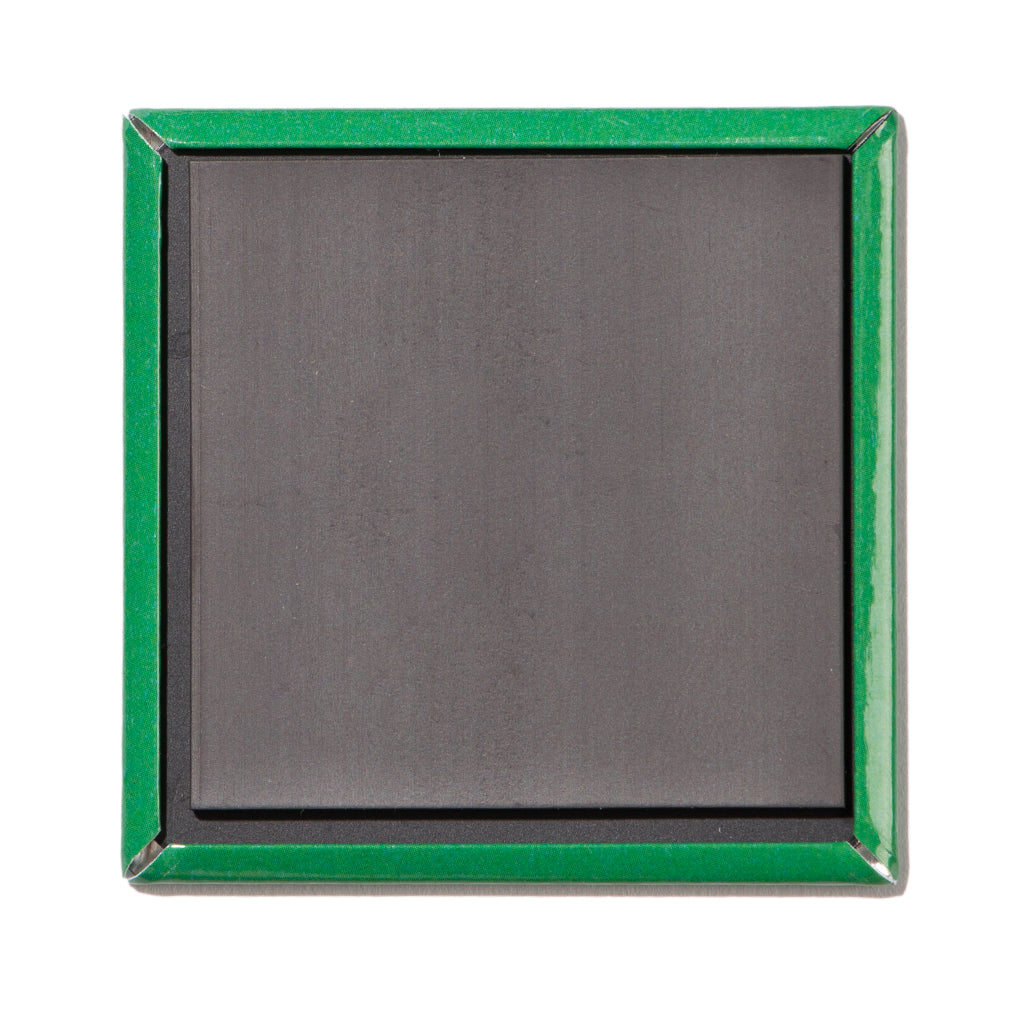 Square Iowa souvenir refrigerator magnet with a black magnetic backing and a green border.
