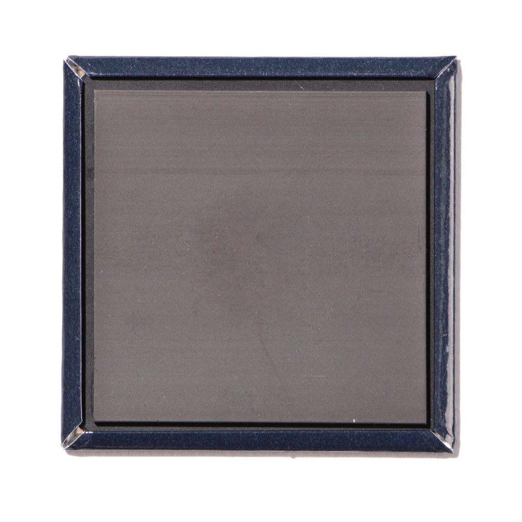 Square metal magnet with a dark blue border and a solid gray magnetic backing.
