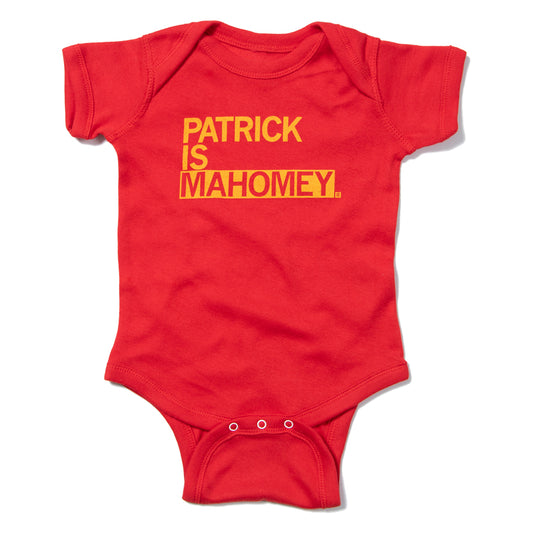 Red baby rib cotton bodysuit with yellow text that reads PATRICK IS MAHOMEY.