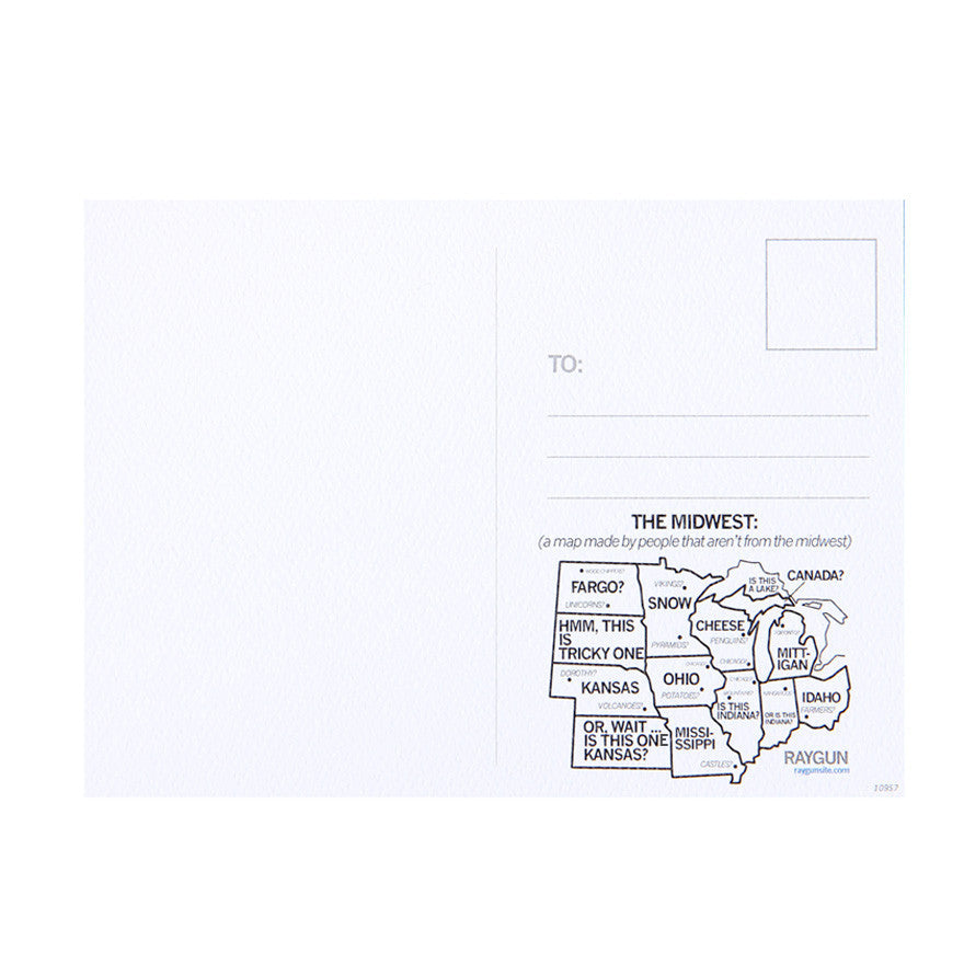 Back of a multicolor print postcard featuring a humorous map of the Midwest with incorrectly labeled states and regions.