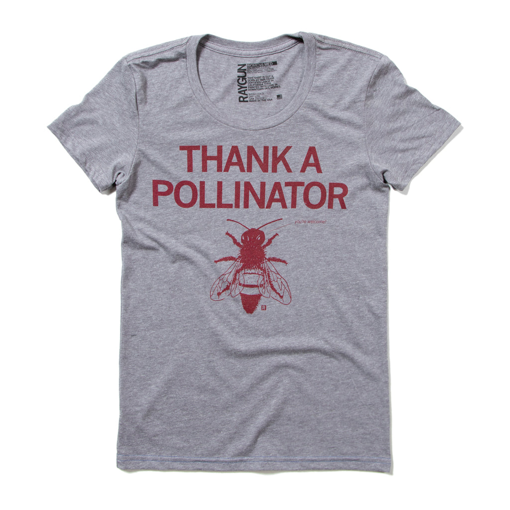 Grey crew neck pollinator t-shirt with the text THANK A POLLINATOR, an illustration of a bee, and the small text youre welcome! in red.