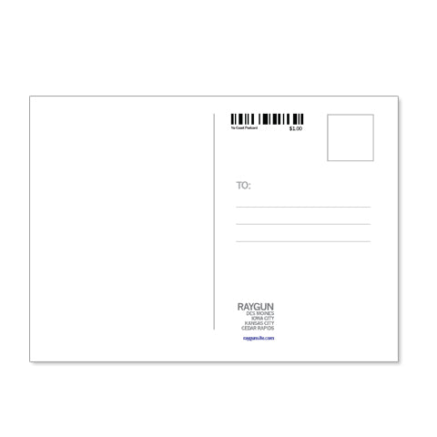 The back of a union printed postcard on grade cardstock with a barcode, price of $1.00, address lines, and the Raygun logo with store locations.