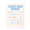 A white postcard laid out like a bingo card with blue and orange print. The top reads "STATE FAIR BINGO" and the squares on the card says things like "Severe Sunburn" and "Farmer in denim overalls."