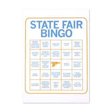 A white postcard laid out like a bingo card with blue and orange print. The top reads "STATE FAIR BINGO" and the squares on the card says things like "Severe Sunburn" and "Farmer in denim overalls."