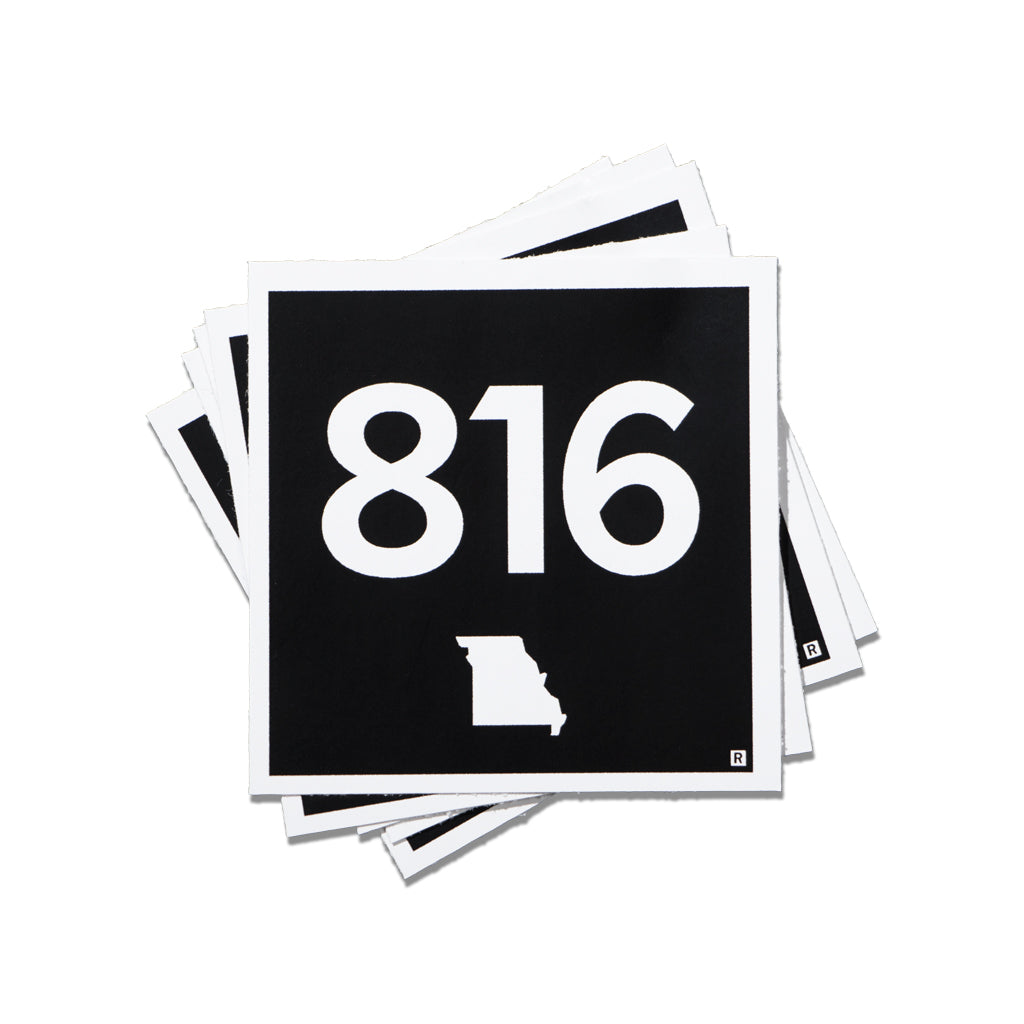 A stack of square vinyl stickers featuring the number 816 in white text over a black background, with a white silhouette of the Missouri area code below.