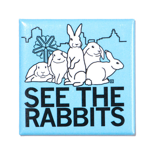 Square light blue Cedar Rapids magnet featuring four illustrated rabbits in front of a city skyline silhouette with the text SEE THE RABBITS underneath.