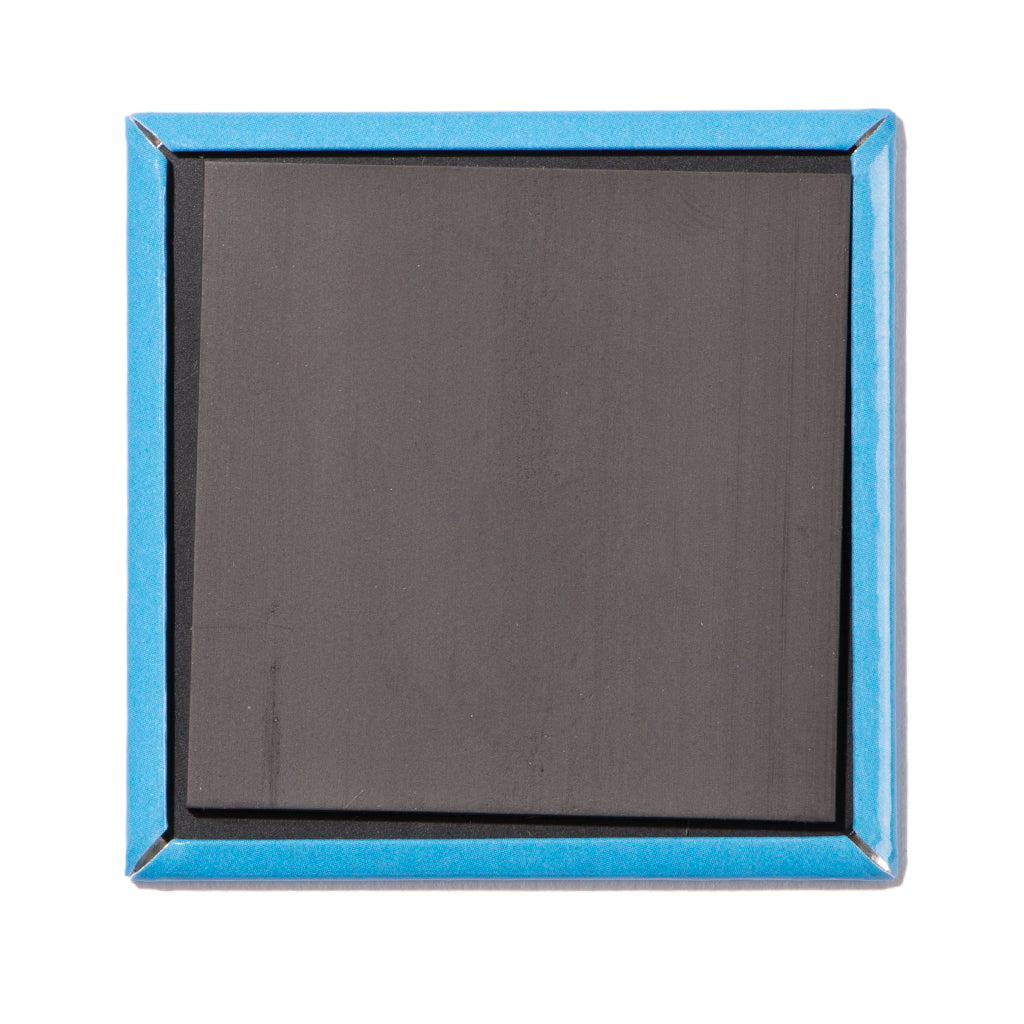 The back of a square blue Cedar Rapids pin-back button with a magnetic strip.