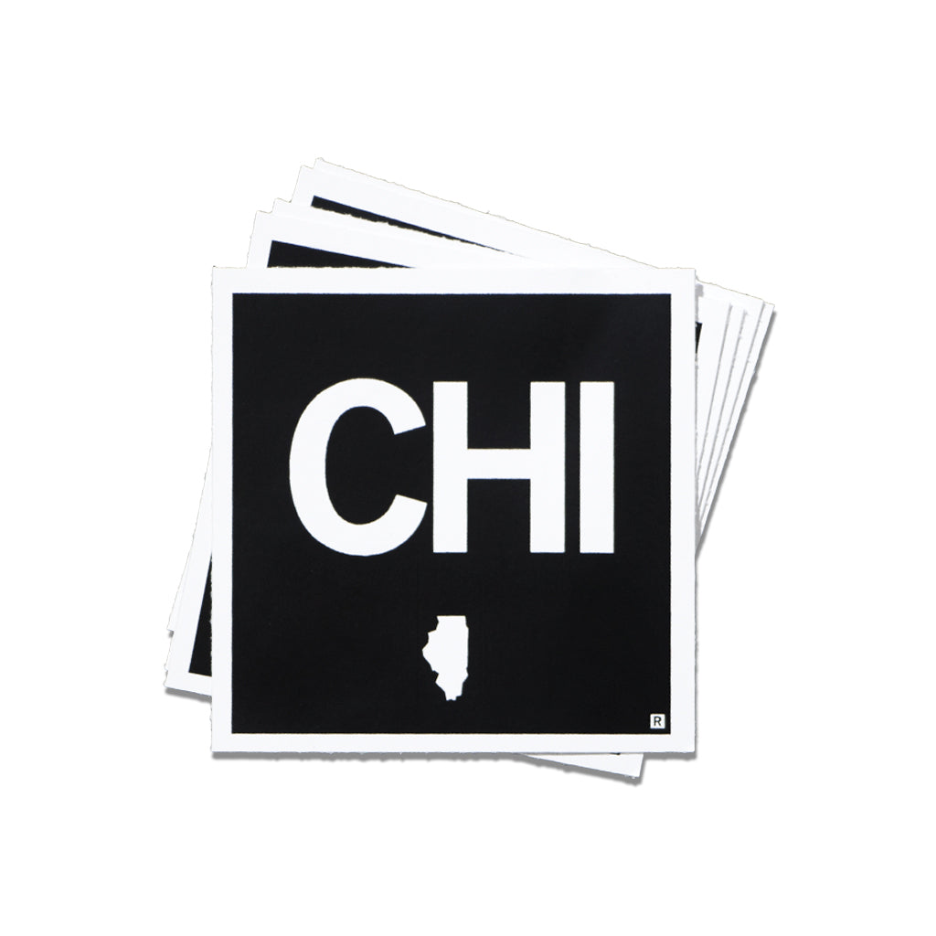 A stack of square vinyl stickers featuring the text CHI in white on a black background, with a small white silhouette of the state of Illinois below the letters.