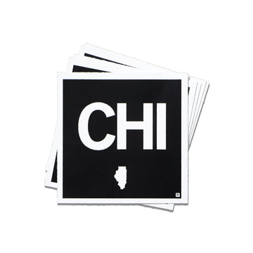 A stack of square vinyl stickers featuring the text CHI in white on a black background, with a small white silhouette of the state of Illinois below the letters.