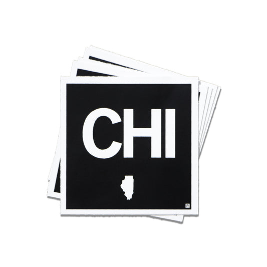 A stack of square vinyl stickers featuring the text CHI in white on a black background, with a small white silhouette of the state of Illinois below the letters.