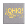 Square Ohio magnet featuring the yellow text Greetings From: Ohio! The Great Potato State! next to an outline map of Iowa containing labels for various cities.