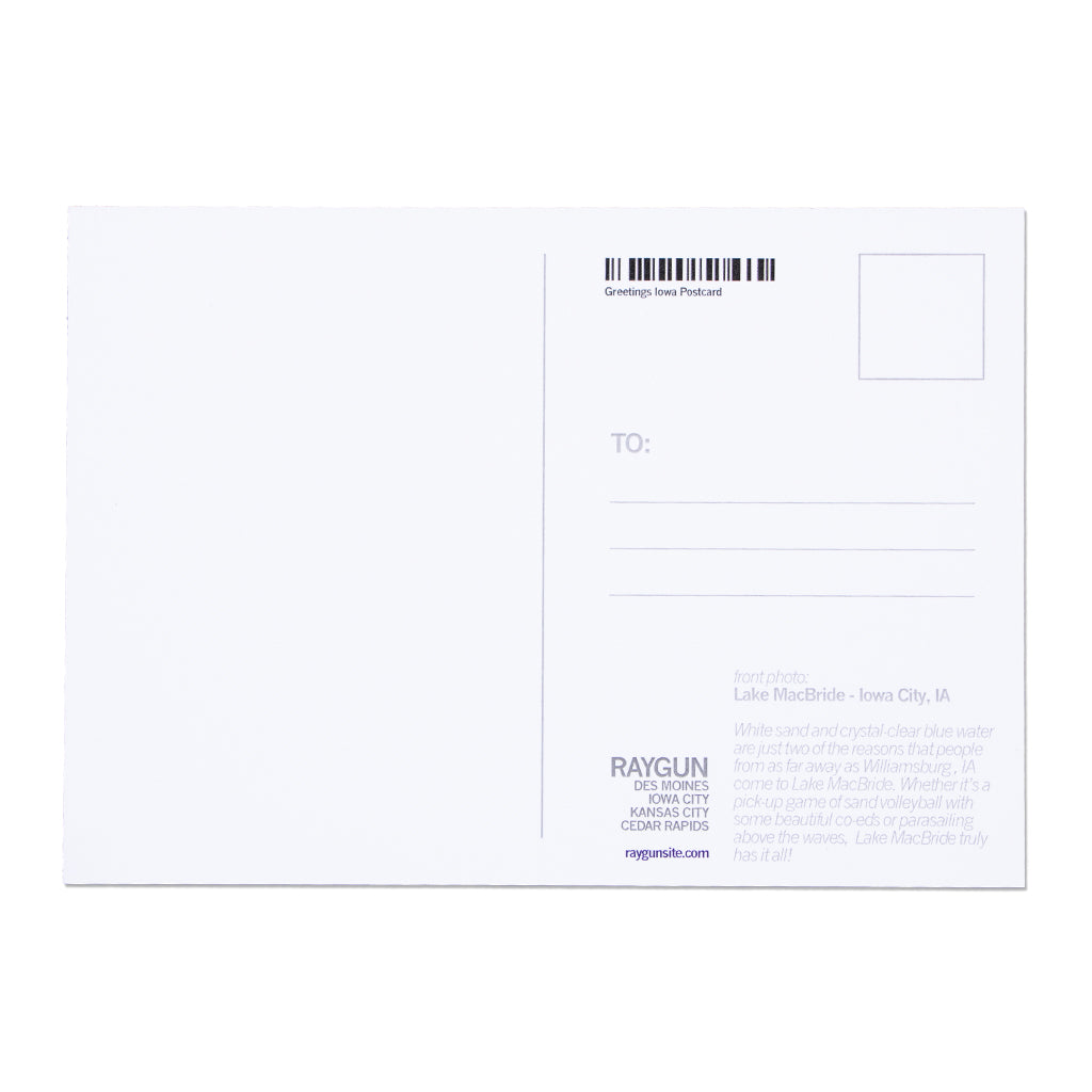 The back of an Iowa postcard featuring a barcode, address lines, and text describing Lake MacBride, Iowa City.
