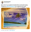 A stack of made in USA postcards featuring a tropical beach image and the text GREETINGS FROM IOWA!.