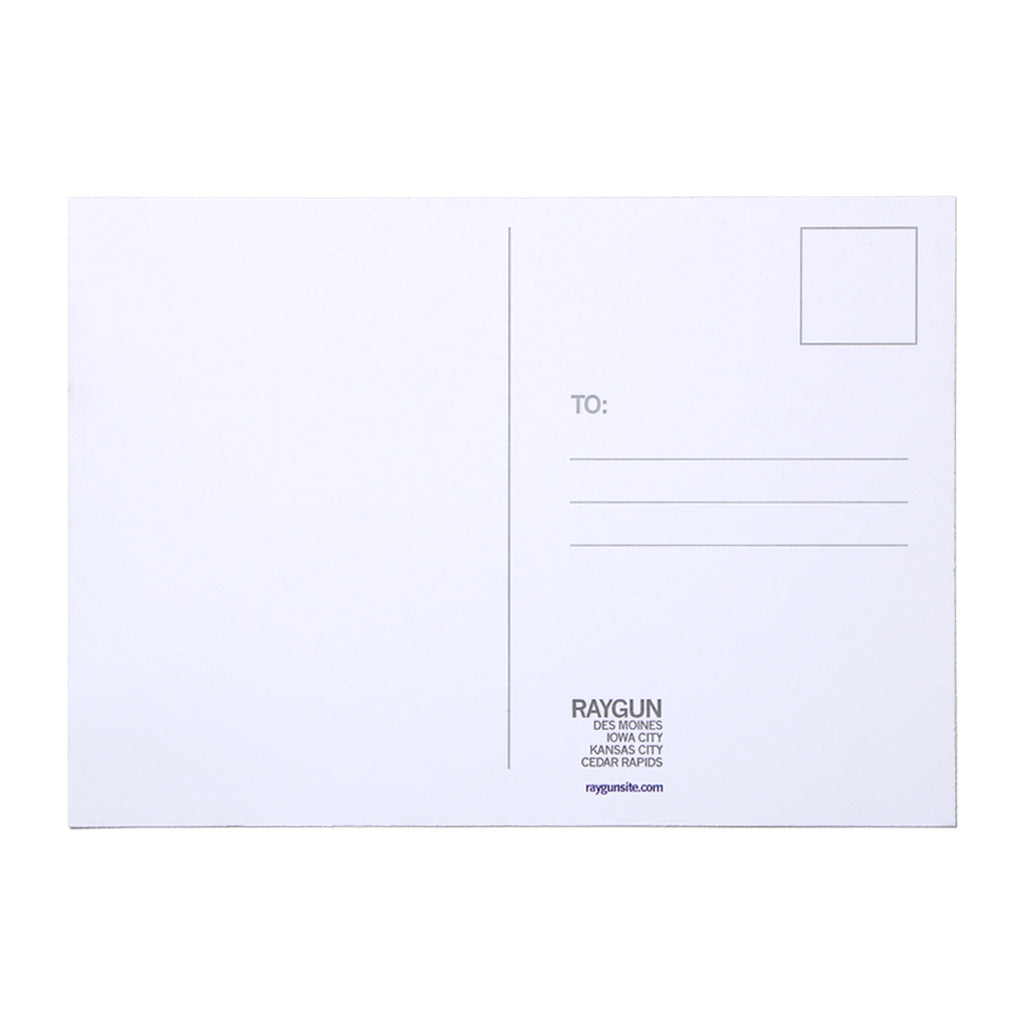 Blank union-printed postcard back featuring a stamp box, address lines, and branding for Raygun stores in Des Moines, Iowa City, Kansas City, and Cedar Rapids.