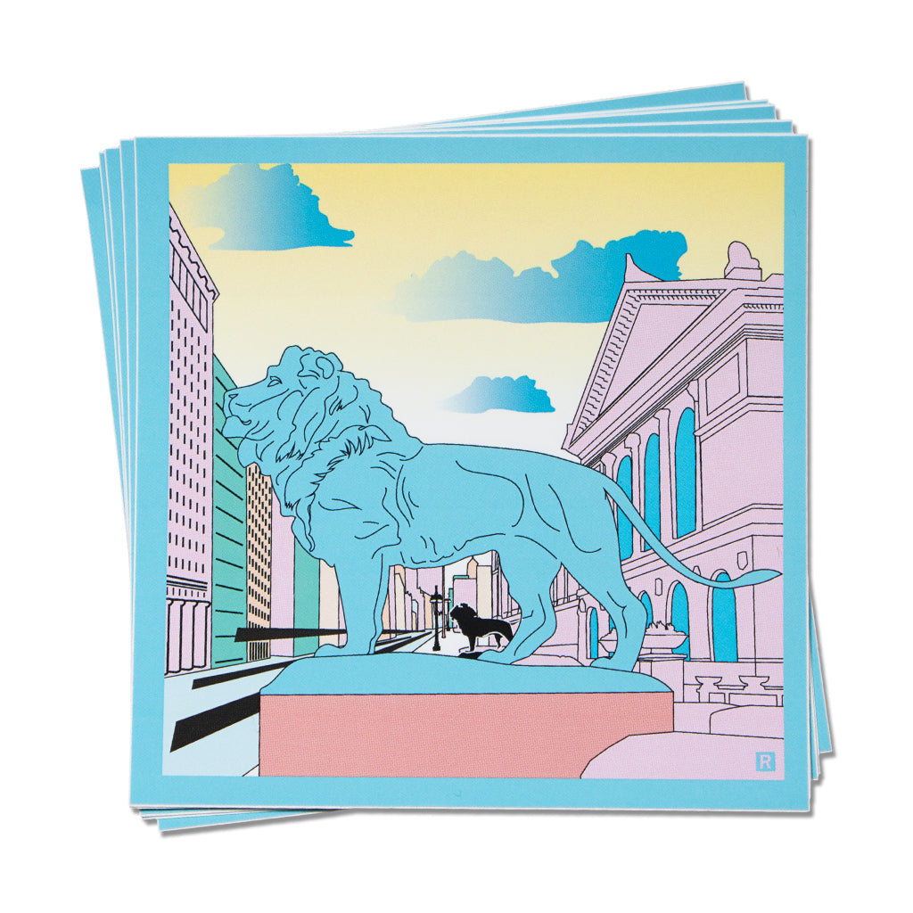 A stack of Art Institute of Chicago square prints featuring a stylized illustration of a museum lion statue in front of city buildings.