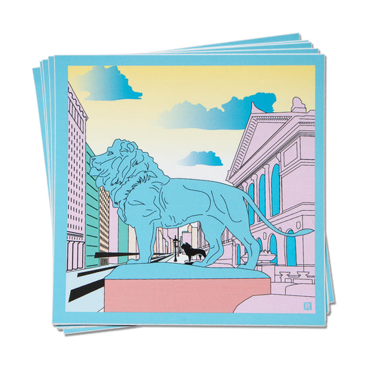 A stack of Art Institute of Chicago square prints featuring a stylized illustration of a museum lion statue in front of city buildings.