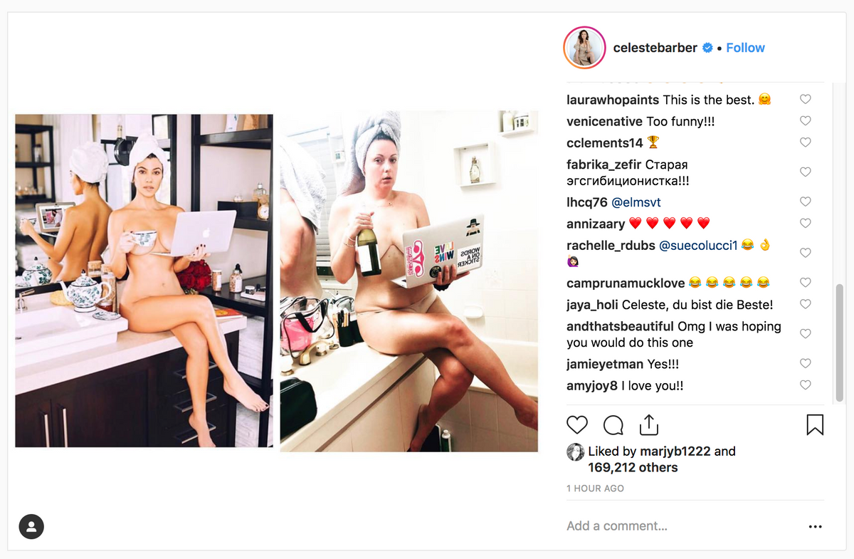 A split-screen Instagram post showing Kourtney Kardashian with a teacup and laptop, alongside Celeste Barber recreating the image with a wine bottle and a laptop adorned with a vinyl uterus sticker.