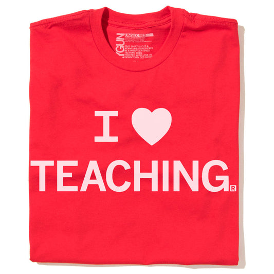 Red t-shirt with the white I [heart symbol] Teaching text for supporters of public education.