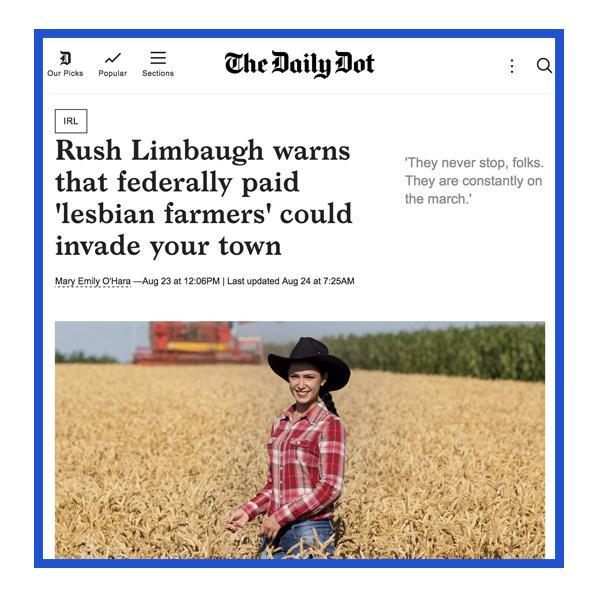 A screenshot of a The Daily Dot article titled Rush Limbaugh warns that federally paid lesbian farmers could invade your town, featuring a woman in a plaid shirt and cowboy hat standing in a field.