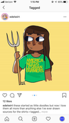 Digital illustration of a person holding a pitchfork and wearing a heather kelly green t-shirt that says AMERICA NEEDS LESBIAN FARMERS.